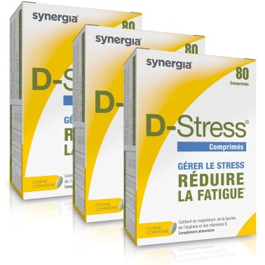 D-Stress lot de 3 + 1 Vitamine D3 offerte – Magnésium hautement assimilé, taurine, arginine  et vitamines B – Synergia